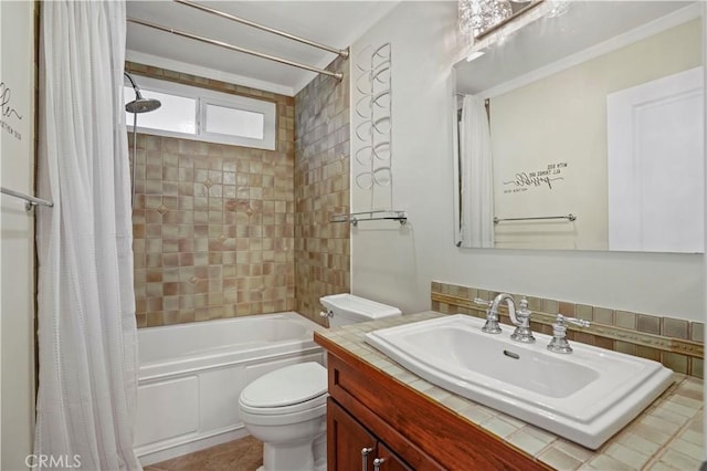 bathroom featuring toilet, tile patterned floors, shower / bath combo, and vanity