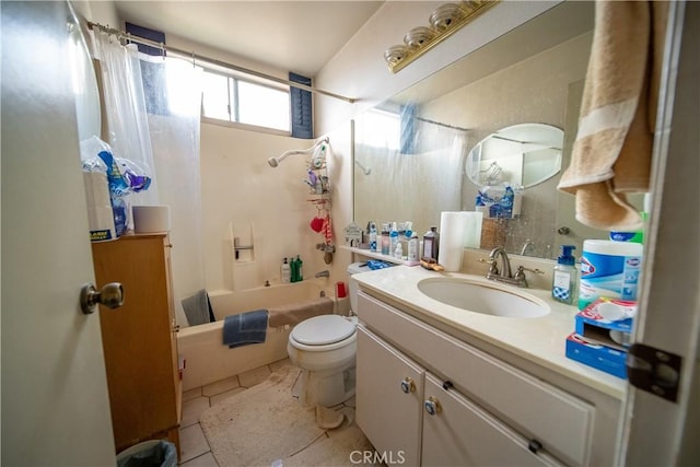 bathroom featuring toilet, shower / tub combo, tile patterned floors, and vanity