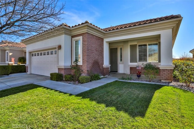 mediterranean / spanish home with an attached garage, brick siding, concrete driveway, a tiled roof, and a front lawn