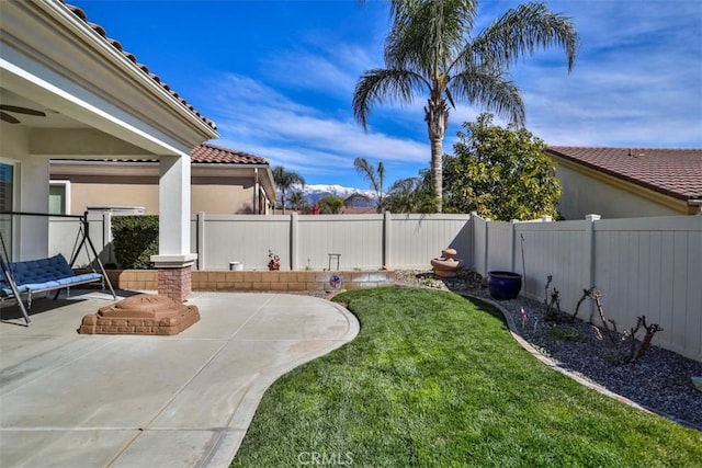 view of yard with a fenced backyard and a patio