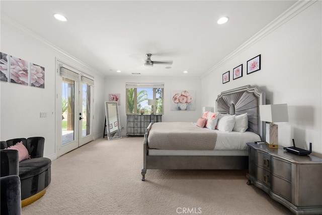 bedroom with light carpet, french doors, access to outside, and ornamental molding