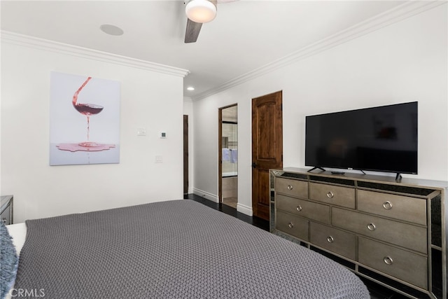 bedroom featuring ceiling fan and ornamental molding