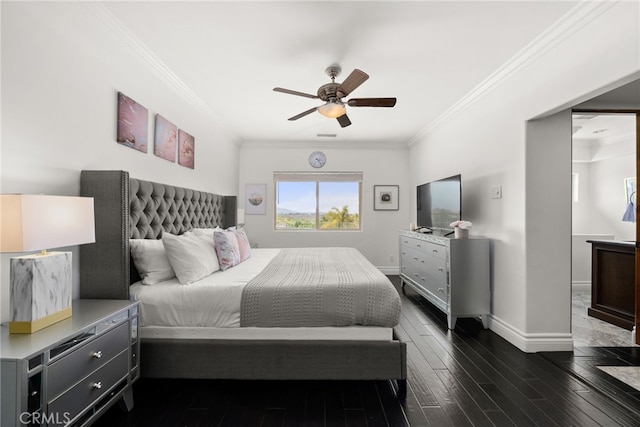 bedroom with ceiling fan, dark wood-type flooring, and ornamental molding