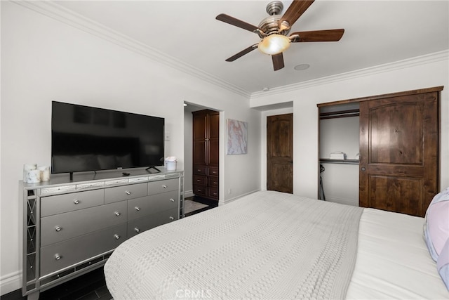 bedroom with ceiling fan and ornamental molding