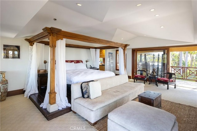 bedroom with access to exterior, lofted ceiling, light colored carpet, and recessed lighting