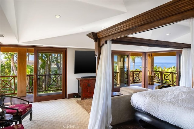 bedroom featuring lofted ceiling, access to exterior, carpet, and visible vents