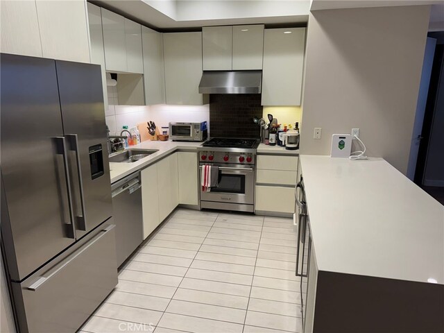 kitchen featuring a sink, extractor fan, premium appliances, and light countertops