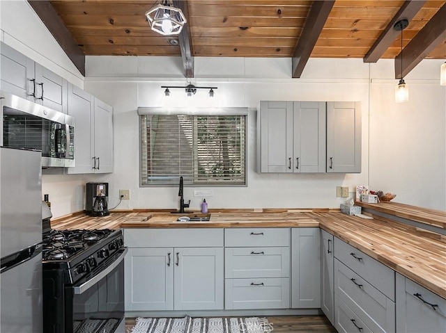 kitchen featuring stainless steel appliances, pendant lighting, wooden ceiling, and wooden counters