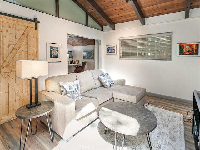 living room with baseboards, lofted ceiling with beams, a barn door, wood finished floors, and wood ceiling