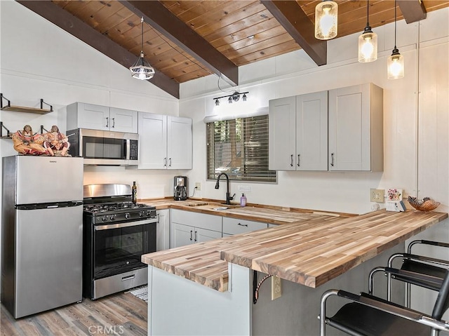 kitchen with butcher block counters, a kitchen breakfast bar, and stainless steel appliances