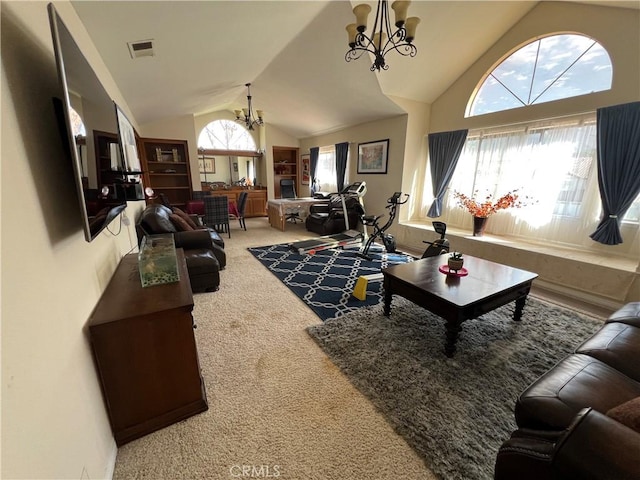 carpeted living room featuring lofted ceiling and a notable chandelier