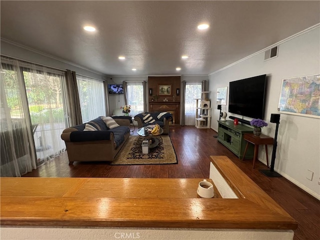 living room with dark wood-type flooring and crown molding