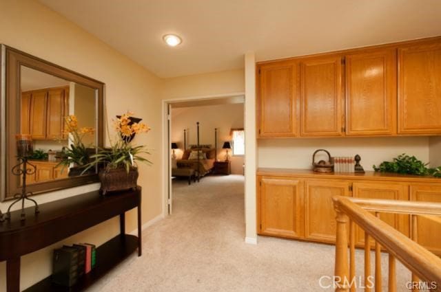 kitchen featuring light carpet