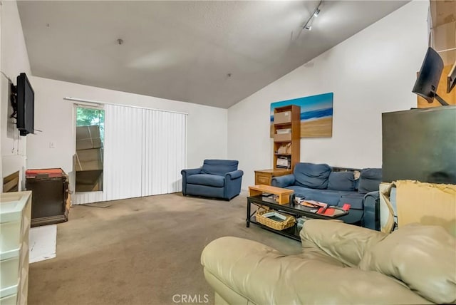 carpeted living area featuring rail lighting and lofted ceiling