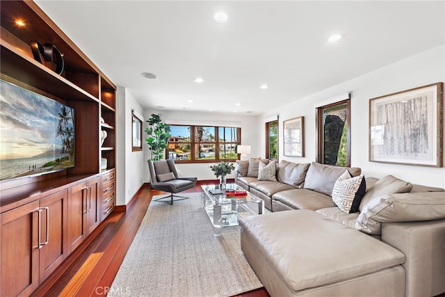 2907 Cliff Dr, Newport Beach, CA 92663 - living area featuring dark wood finished floors and recessed lighting