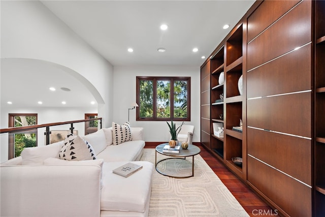 2907 Cliff Dr, Newport Beach, CA 92663 - living area featuring dark wood-style floors, recessed lighting, and baseboards