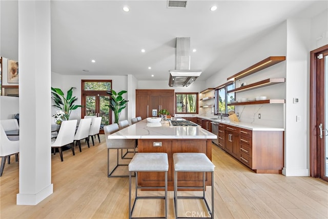 2907 Cliff Dr, Newport Beach, CA 92663 - kitchen featuring open shelves, a kitchen island, recessed lighting, light wood-type flooring, and island range hood
