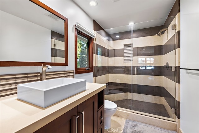 2907 Cliff Dr, Newport Beach, CA 92663 - full bathroom featuring toilet, a shower stall, vanity, and recessed lighting