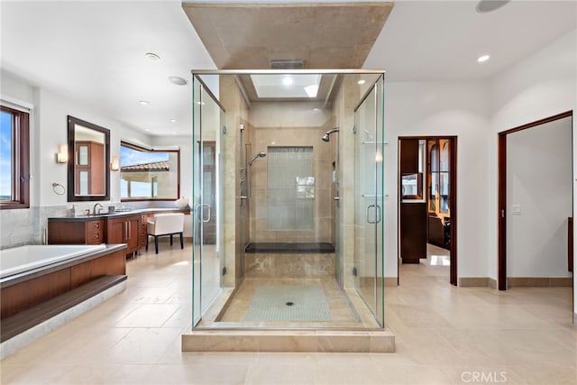2907 Cliff Dr, Newport Beach, CA 92663 - bathroom with double vanity, a stall shower, recessed lighting, tile patterned floors, and baseboards