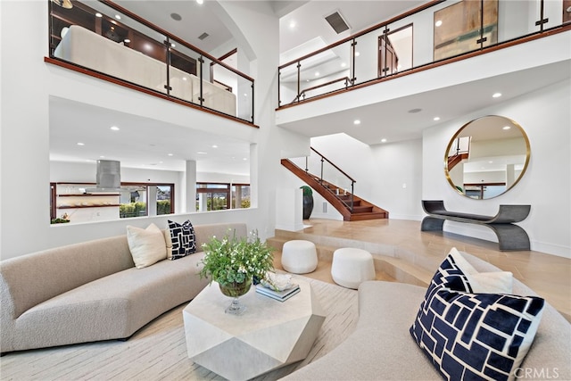 2907 Cliff Dr, Newport Beach, CA 92663 - living area featuring stairs, recessed lighting, baseboards, and a high ceiling