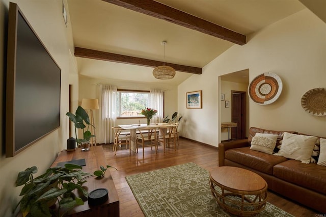 living room with high vaulted ceiling, beamed ceiling, and wood-type flooring