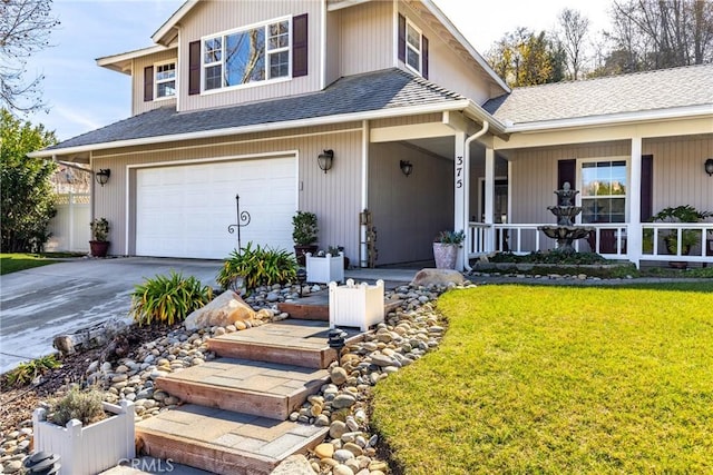 view of front of home featuring a garage, driveway, roof with shingles, and fence