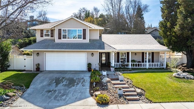 front of property with covered porch, a front yard, and a garage