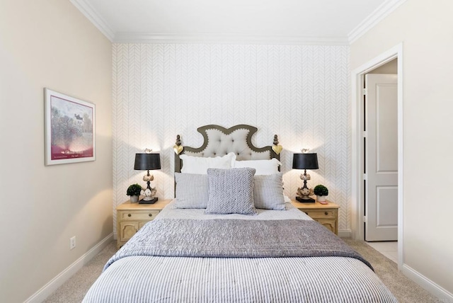 bedroom with wallpapered walls, baseboards, ornamental molding, and light colored carpet