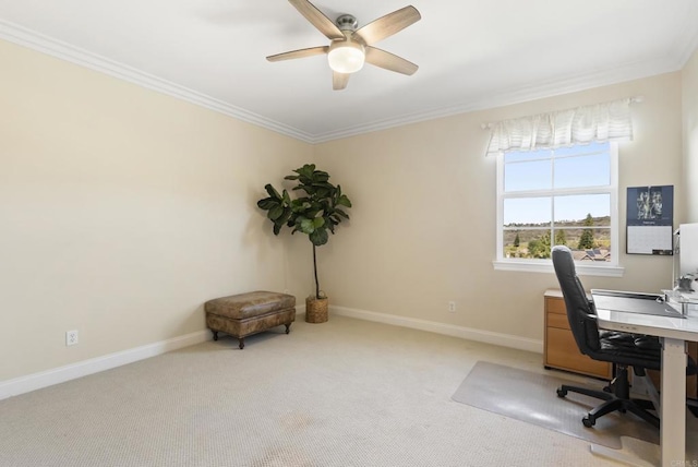 office with light colored carpet, crown molding, and baseboards