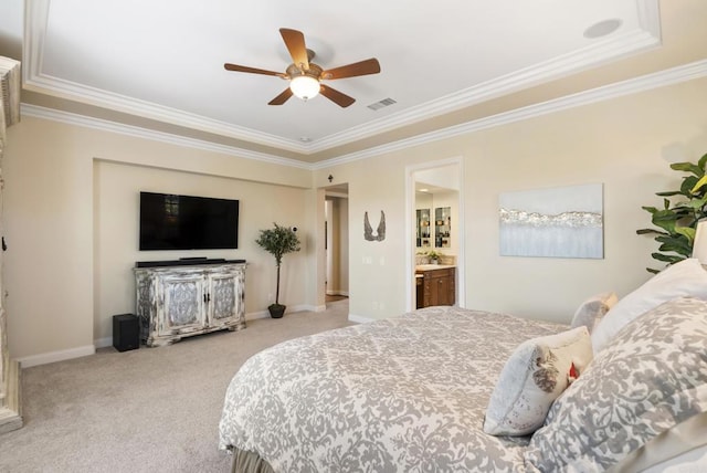 carpeted bedroom with baseboards, connected bathroom, visible vents, and crown molding