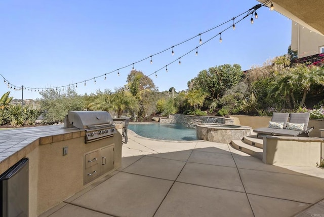 exterior space with an outdoor pool, grilling area, area for grilling, and an in ground hot tub