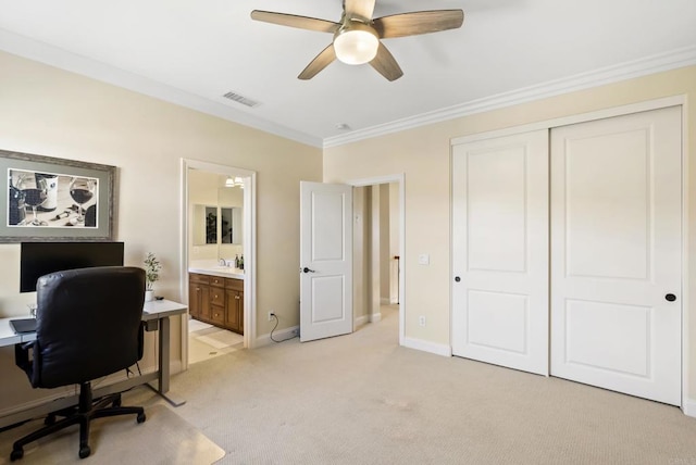 office with light carpet, baseboards, visible vents, a ceiling fan, and ornamental molding