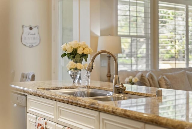 room details featuring light stone countertops, a sink, and dishwasher