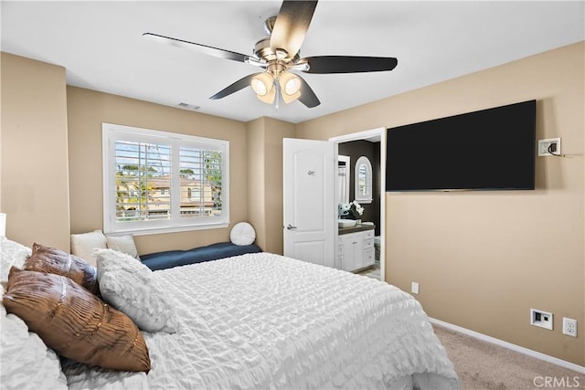 bedroom featuring light carpet, ceiling fan, visible vents, and baseboards