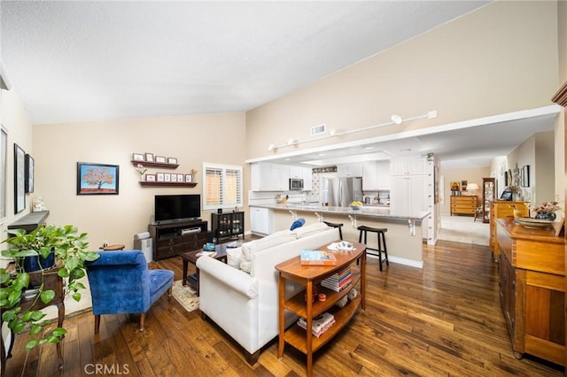 living room featuring high vaulted ceiling and dark hardwood / wood-style floors