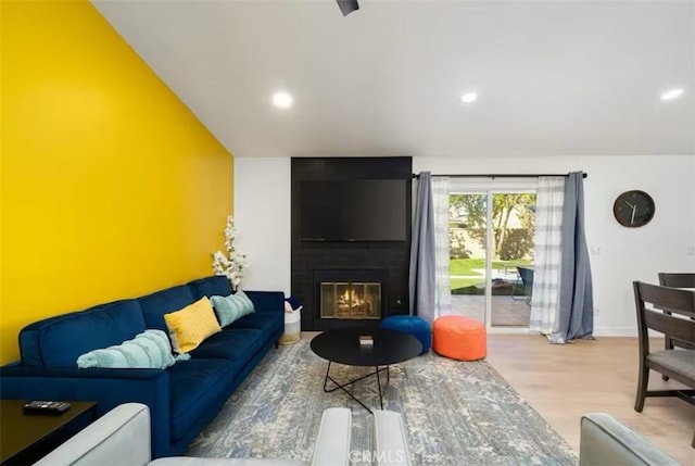 living room with a fireplace and hardwood / wood-style flooring