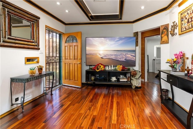 interior space featuring dark wood-type flooring, crown molding, and recessed lighting