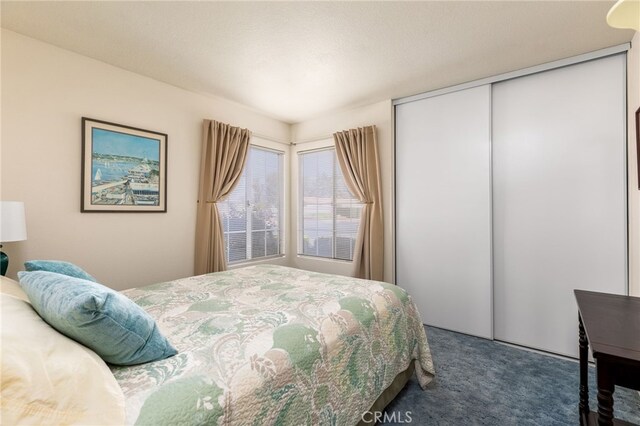 bedroom with carpet flooring and a closet