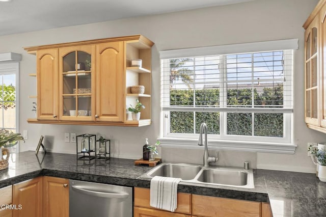 kitchen with tile counters, dishwasher, glass insert cabinets, open shelves, and a sink