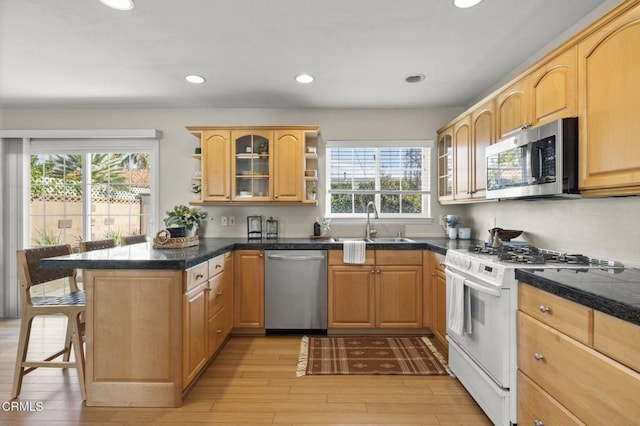 kitchen featuring a sink, appliances with stainless steel finishes, open shelves, a kitchen bar, and glass insert cabinets