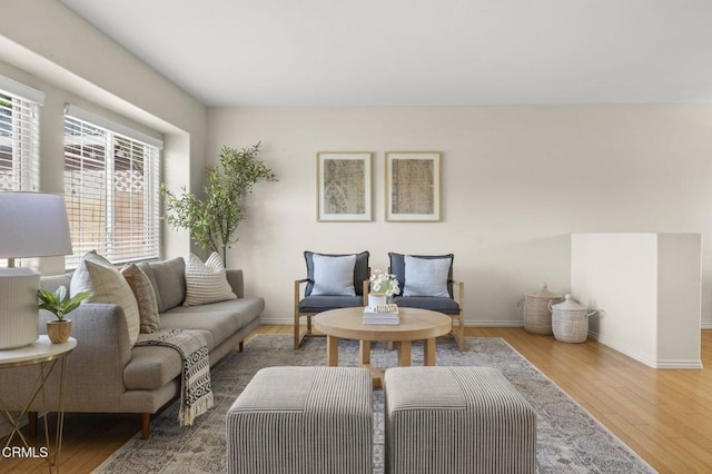 living area with baseboards and wood finished floors