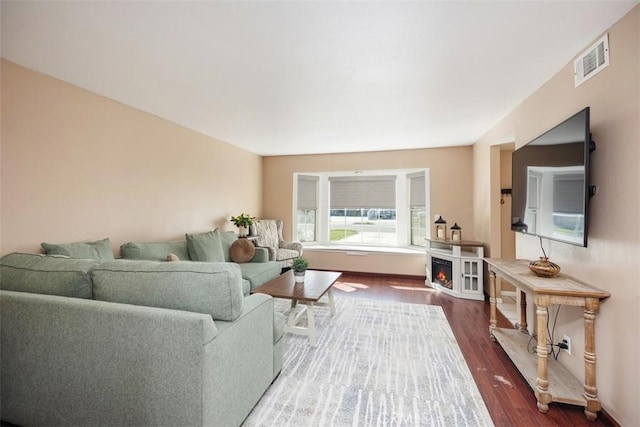 living room with dark hardwood / wood-style floors