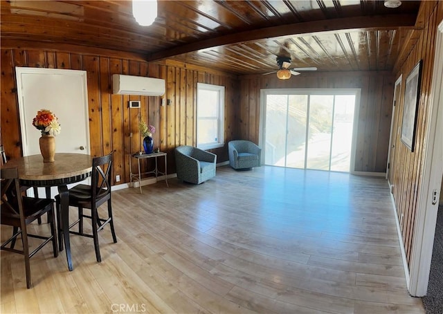 505 N Dr, Lebec, CA 93243 - dining area with a ceiling fan, wooden walls, wood ceiling, and light wood-type flooring