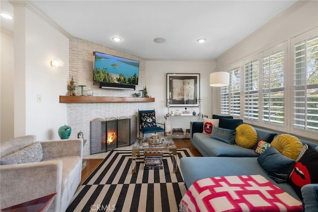 living room with hardwood / wood-style flooring, ornamental molding, and a large fireplace