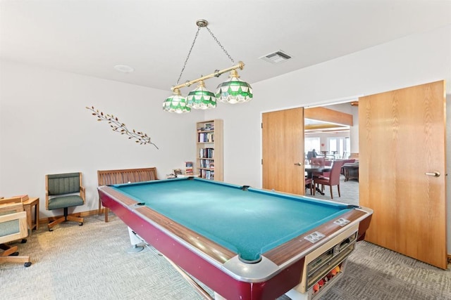 recreation room featuring baseboards, visible vents, carpet flooring, and pool table