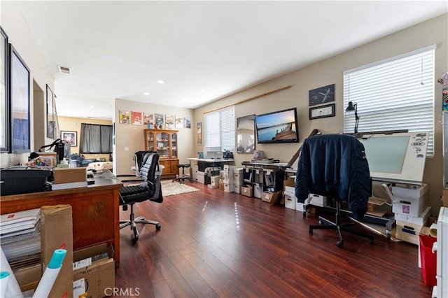 office space featuring dark hardwood / wood-style flooring