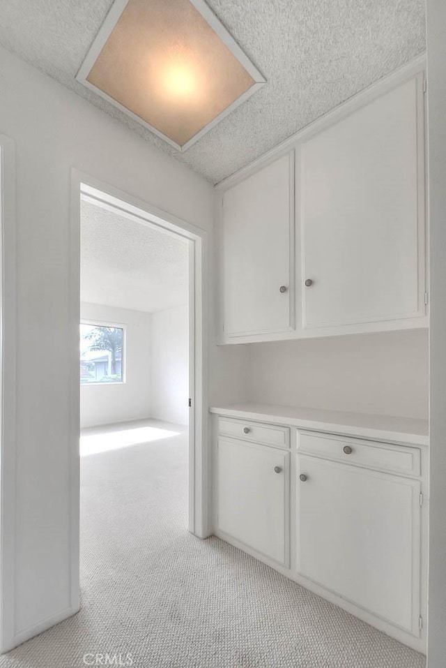 interior space with a textured ceiling and light carpet