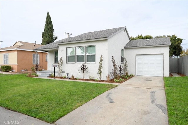 view of front of home with stucco siding, an attached garage, a front lawn, and concrete driveway