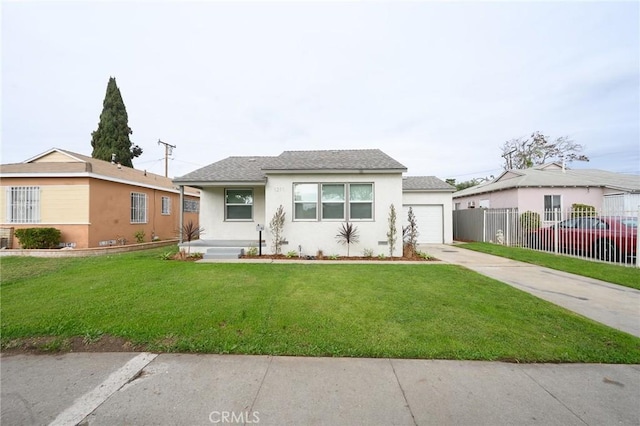 view of front of house featuring stucco siding, an attached garage, fence, concrete driveway, and a front yard