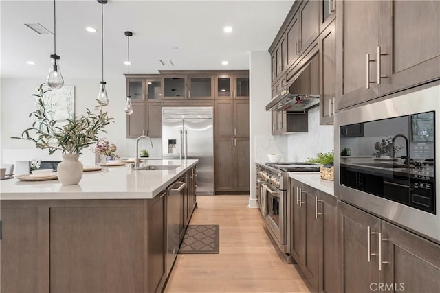 kitchen featuring an island with sink, light hardwood / wood-style flooring, sink, high end appliances, and pendant lighting